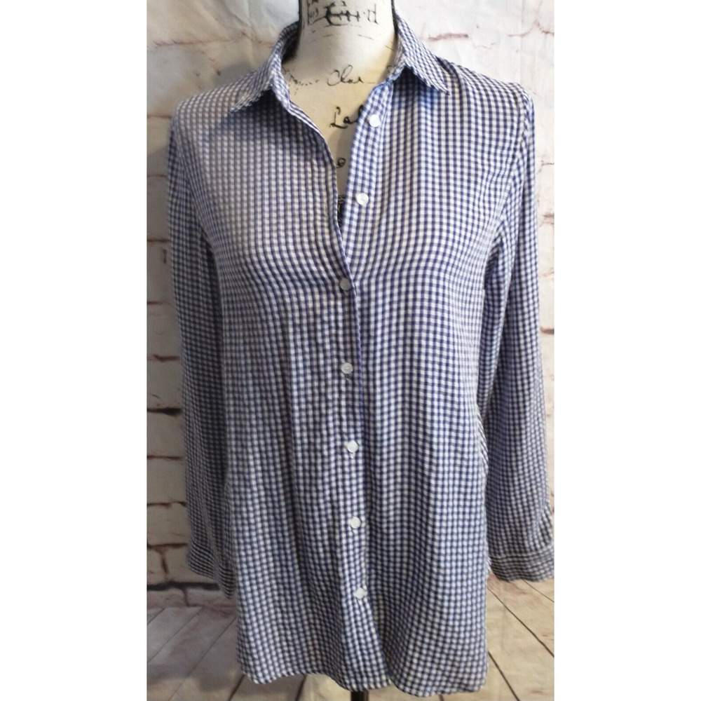 Elsie And Zoey Top Blouse Medium Long Sleeve Gingham Checked Button Blue White